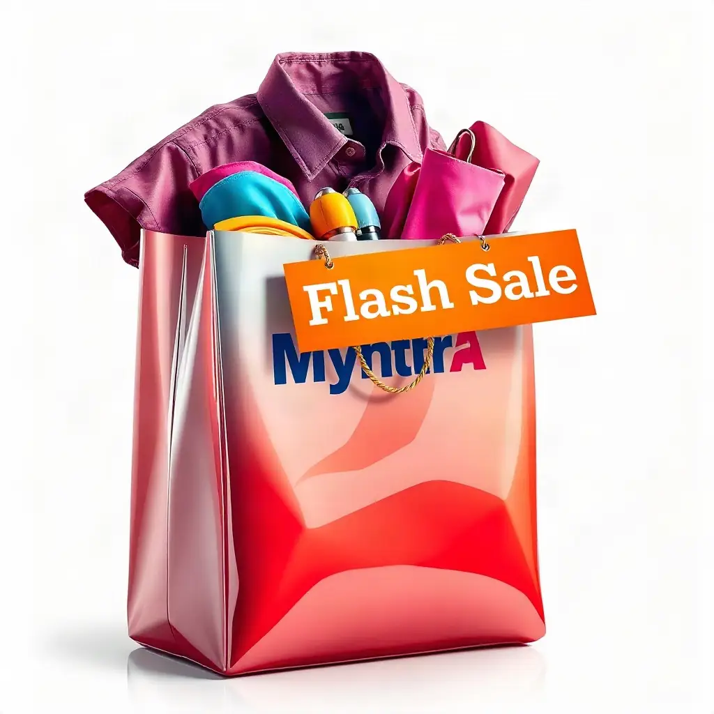 A Myntra shopping bag with colorful clothing peeking out, and a bold orange 'Flash Sale' banner.