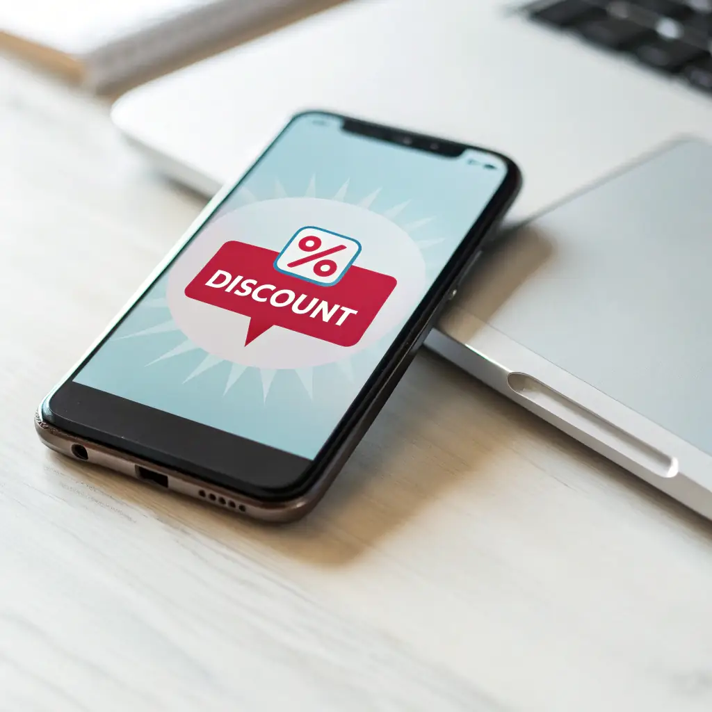 A vibrant product image with an Amazon logo badge, showing a smartphone with a price tag and a festive discount sticker.