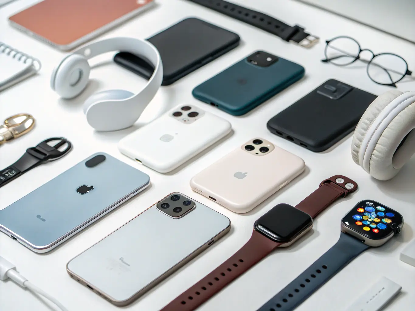 A high-resolution image of a modern smartphone, laptop, and headphones arranged on a bright white background, representing the Electronics category for Indian online shoppers.